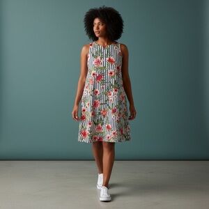 Jamie & Layla plus swing dress keyhole back blue stripe pink roses UU